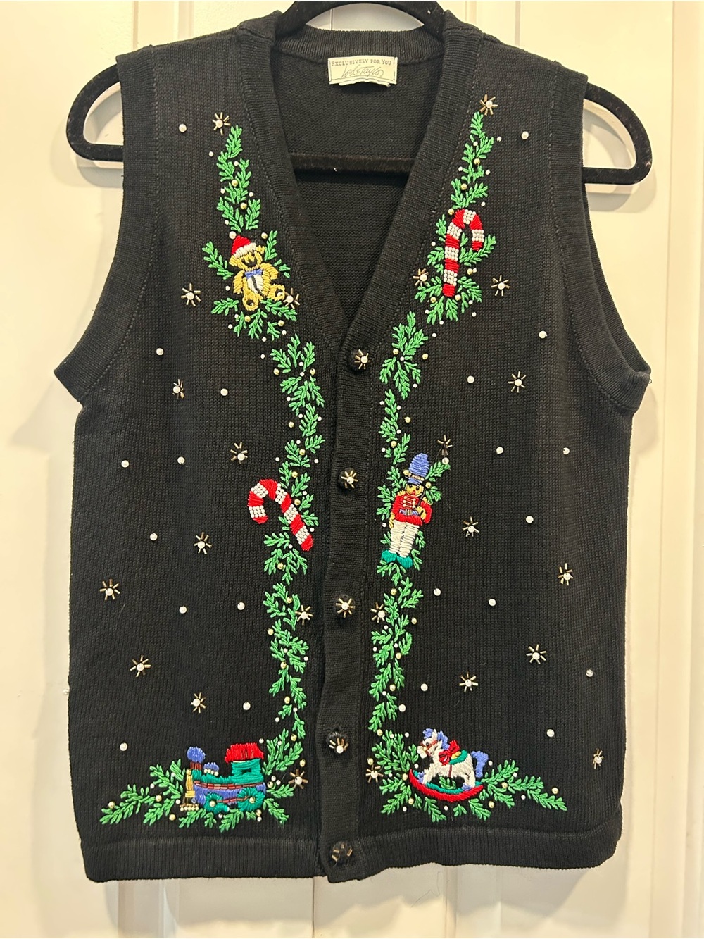 Vintage Lord & Taylor Christmas Sweater Vest Black Embroidered Beaded